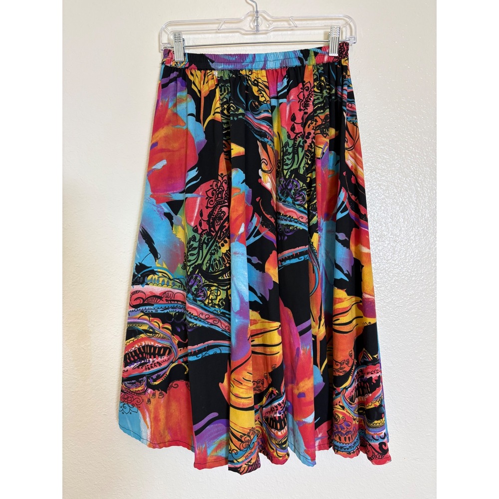 Magic Womens Small Psychedelic Floral Paisley Midi Skirt Elastic Waist Multi